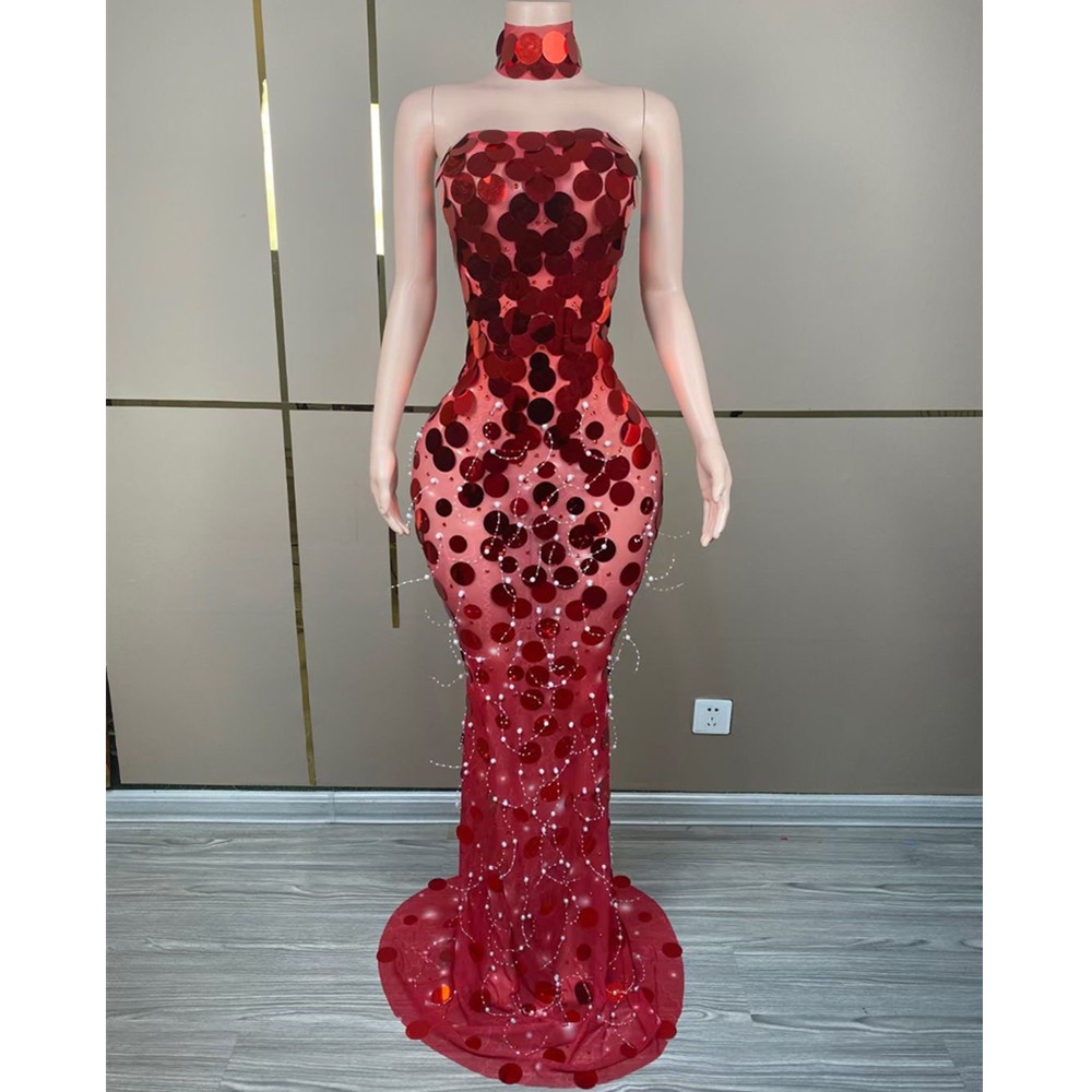 European And American Evening Dresses With Large Sequ And Beads,Total Celebrity Party Dresses,Choker Dresses