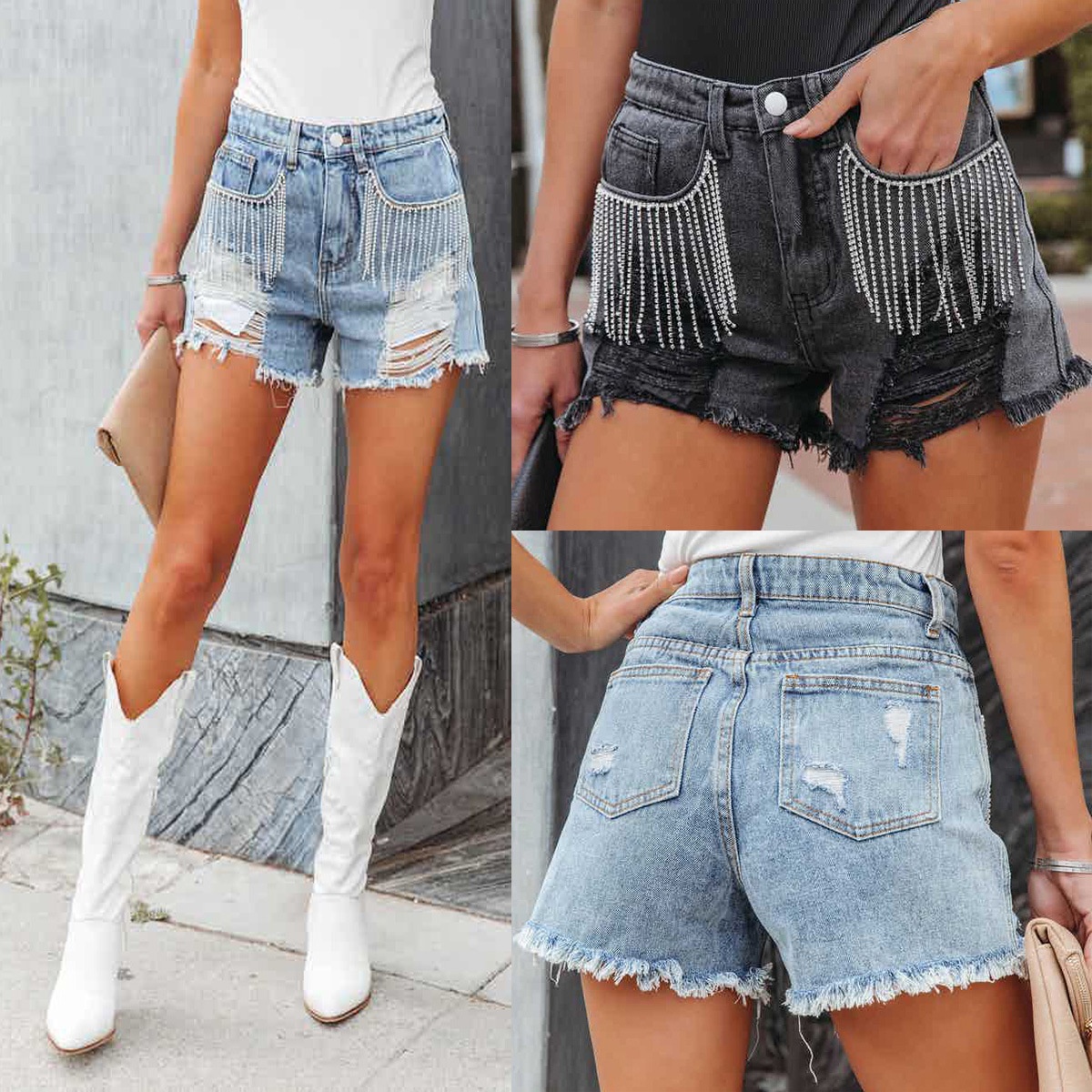 European And American Women's Foreign Trade Summer Fashion Casual Chain Tassel Ripped Denim Shorts 6004