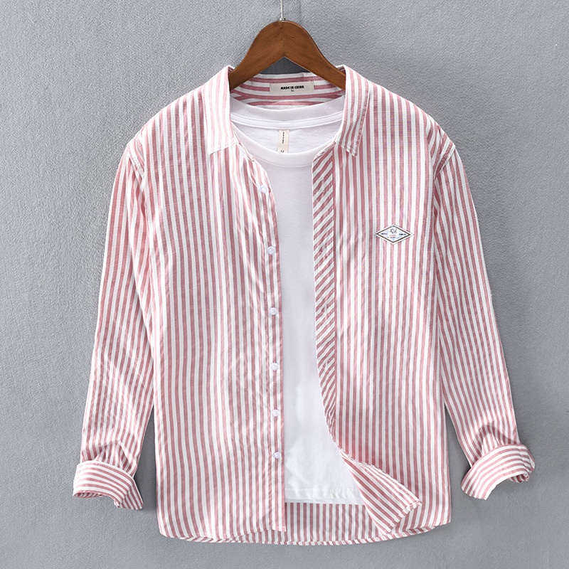 Spring Casual Striped Long-sleeved Men's Shirt Drop Shipping T217