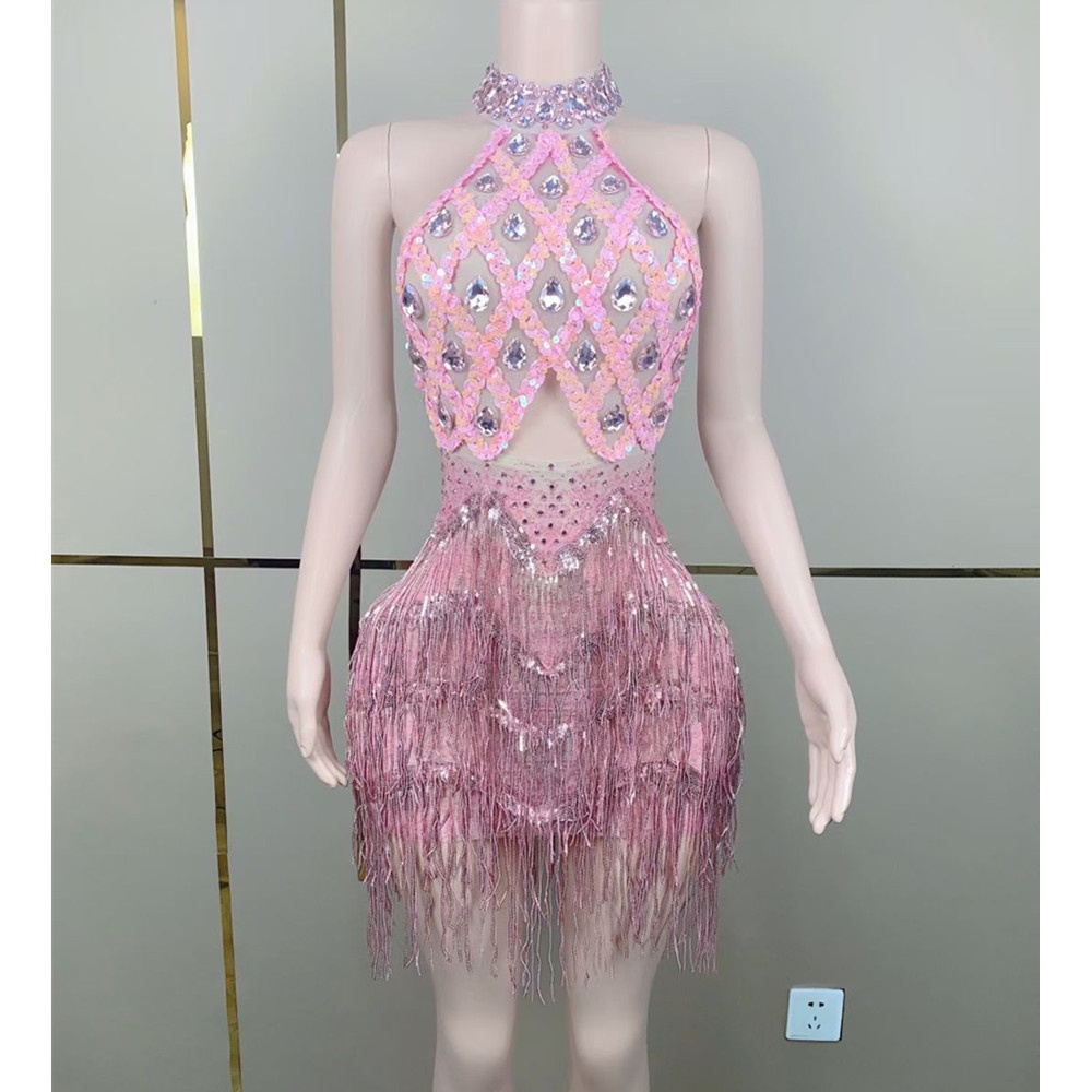 European And American Sexy Dress Hot Girl Hip Skirt Rhinestone Tassel Backless Nightclub Party Evening Dress