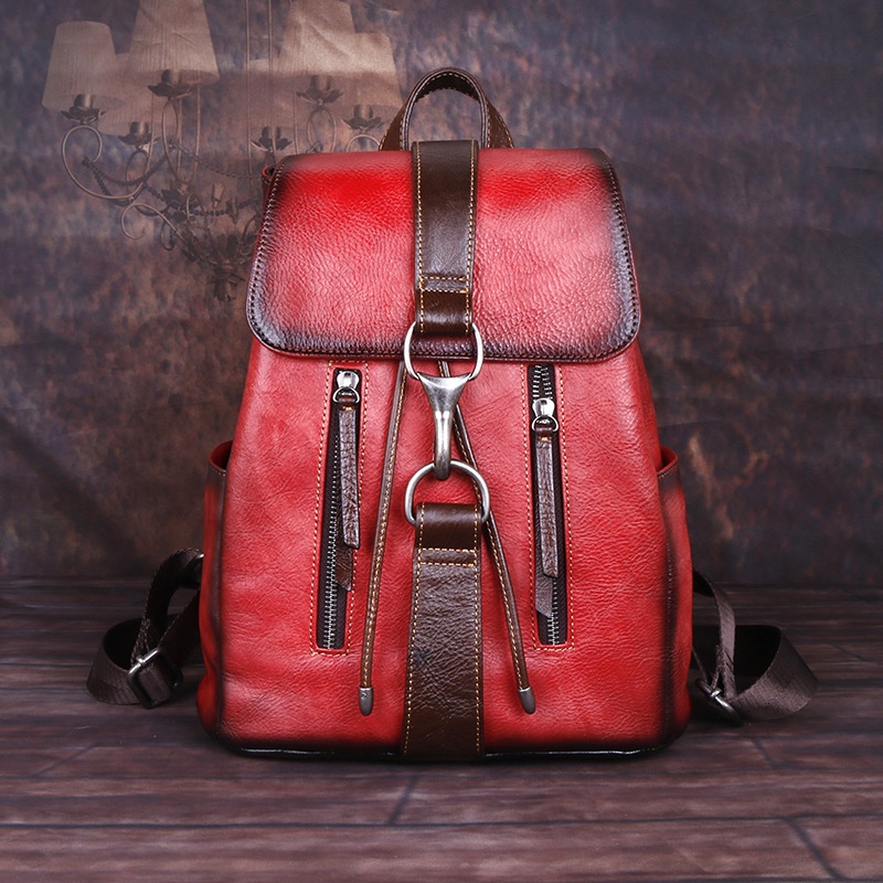 Top Layer Cowhide Backpack Retro Style Genuine Leather Rubbed Leather Drawstring Buckle Backpacks