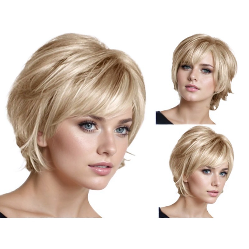 Foreign Trade Ladies Short Straight Hair Fluffy Slanting Bangs Gold White Wig Direct High Temperature Silk A Hair