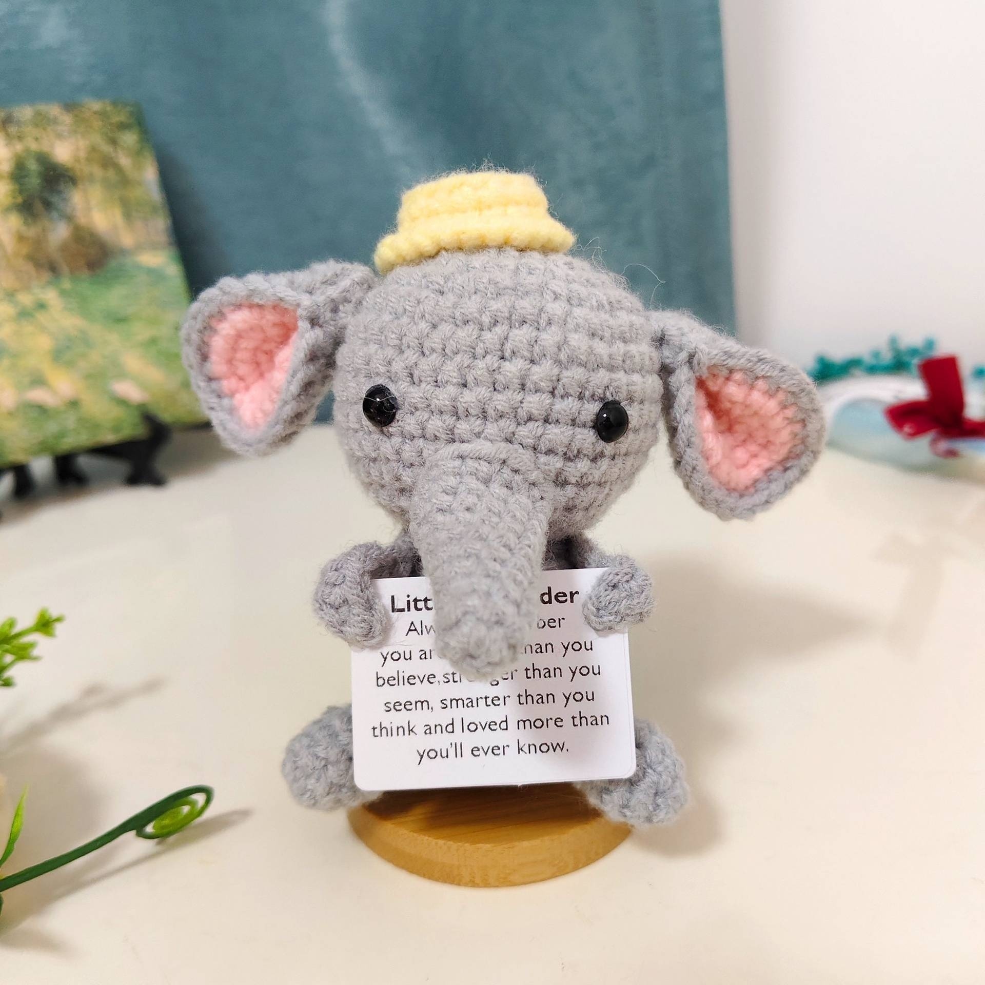 Explosions Cartoon Gray Elephant Holding Card Series Positive Energy Pure Hand-crocheted Finished Decompressed Wool Doll
