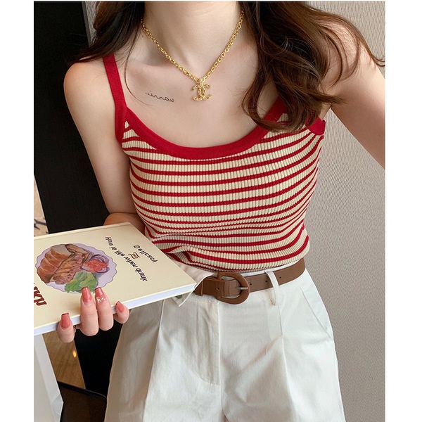 Ice Silk Suspenders Women's Summer Outer Wear White Striped Knitted Vest Inner Wear Bottoming Slim Clavicle Outer Wear Top