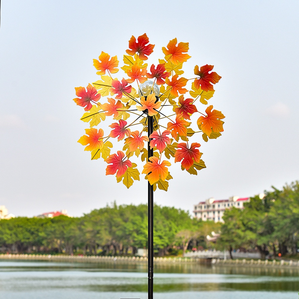 Solar Garden Light Outdoor Iron Double-sided Maple Leaf Rotating Windmill Outdoor Garden Villa Decoration