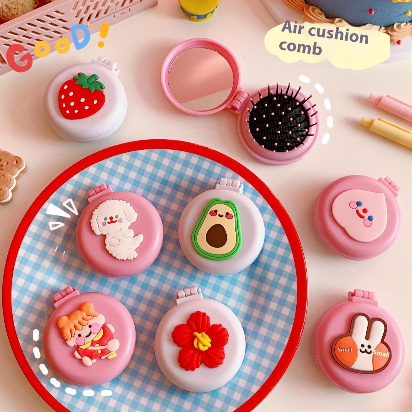 Korean Cute Cartoon Little Red Flower Air Cushion Comb Mirror Integrated Mini Portable Air Bag Foldable