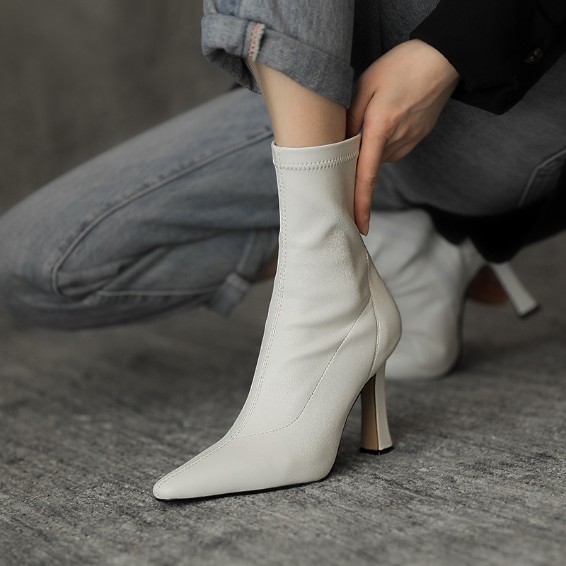 Internet Celebrity Slim Boots Pointed Toe High Heel Boots Short Boots Women's Autumn And Winter Single Boots Sexy Thick Heel Elastic Boots - 3