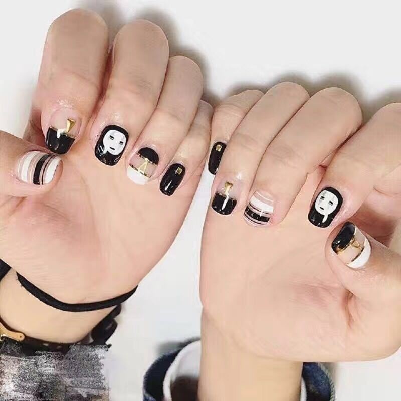Halloween Short Black And White Faceless Men's Finished Nail Stickers Fake Nails Finished Nails Nail Tools Nails