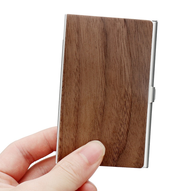 Aluminum Solid Wood Business Card Box Metal Business Card Holder Portable Creative Business Office Gift Can Print