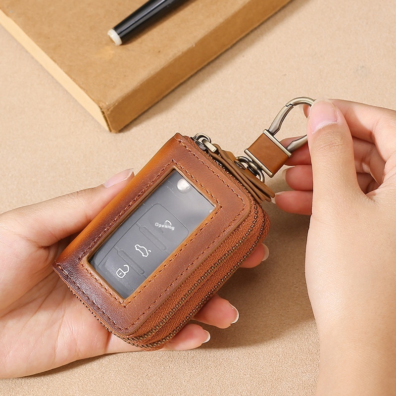 Top Layer Cowhide Car Key Bag Double Zipper Universal Genuine Leather Car Key Protection Leather Case Men's Key Bag