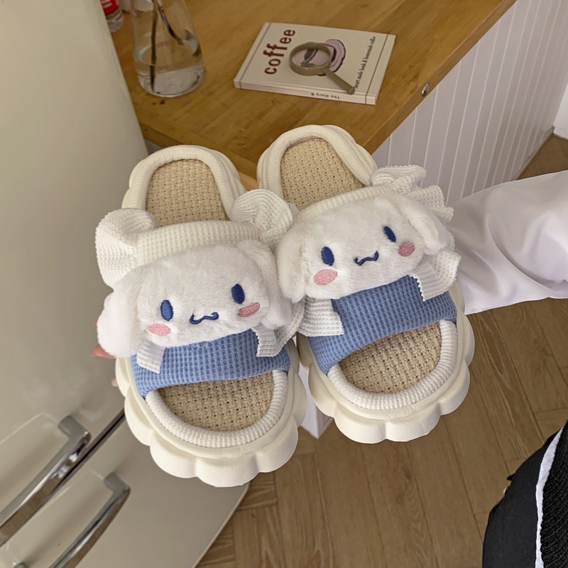 Spring And Summer Sanrio Cute Girl Linen Slippers Indoor Four Seasons Universal Breathable Thick Bottom Home Sandals