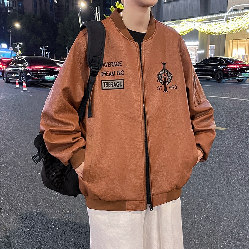 Korean-style Fashionable Handsome All-match Winter Flying Leather Jacket Embroidered Men's Jacket Spring And Autumn Biker Clothing Leather Jacket