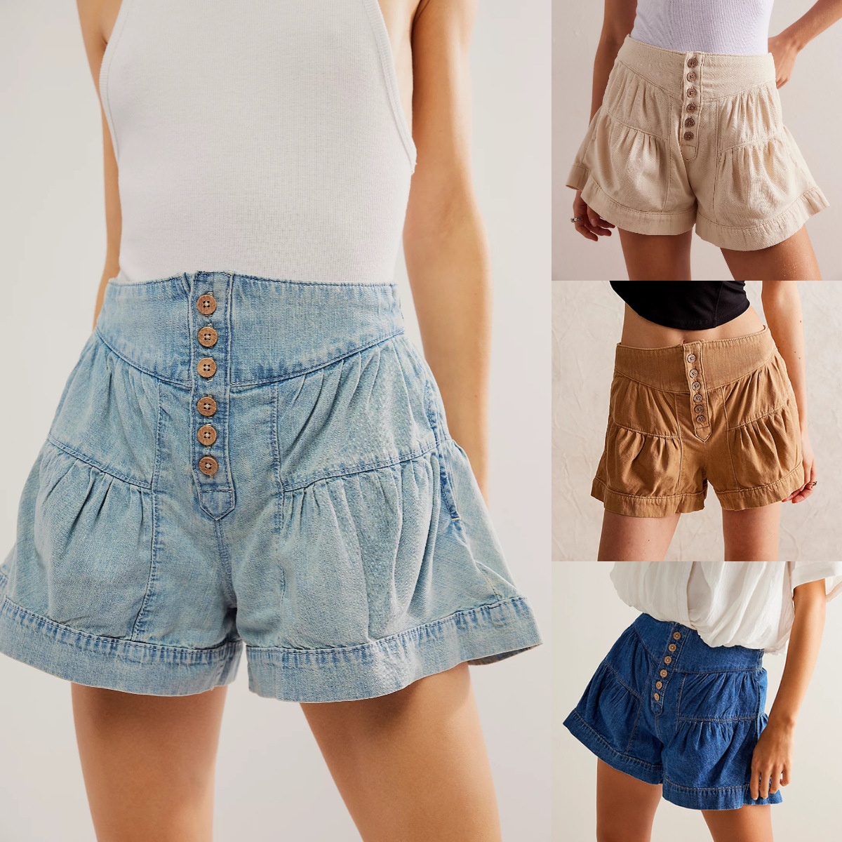 Ruffled Denim Shorts Summer Women's Casual Elastic Pocket Shorts