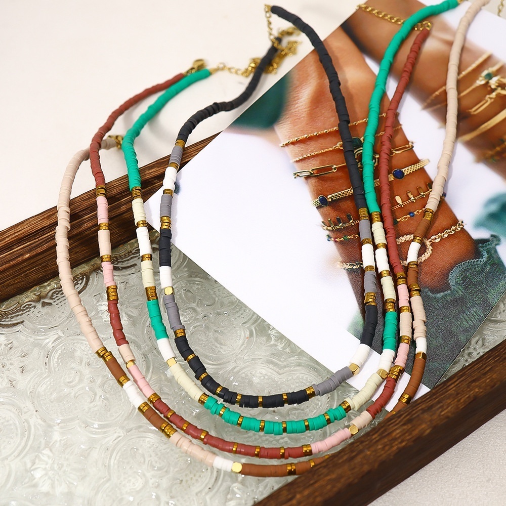 European And American Style Spring And Summer Candy Color Soft Clay Braided Necklace18 KGold Stainless Steel Holiday Travel Collar Female