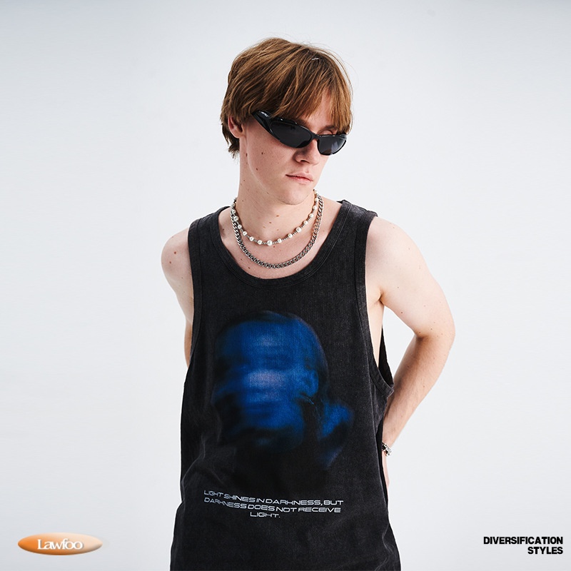 Law Foo Summer National Fashion Men's Clothing Blurred Figure Printing Retro Distressed Washed Vest Men