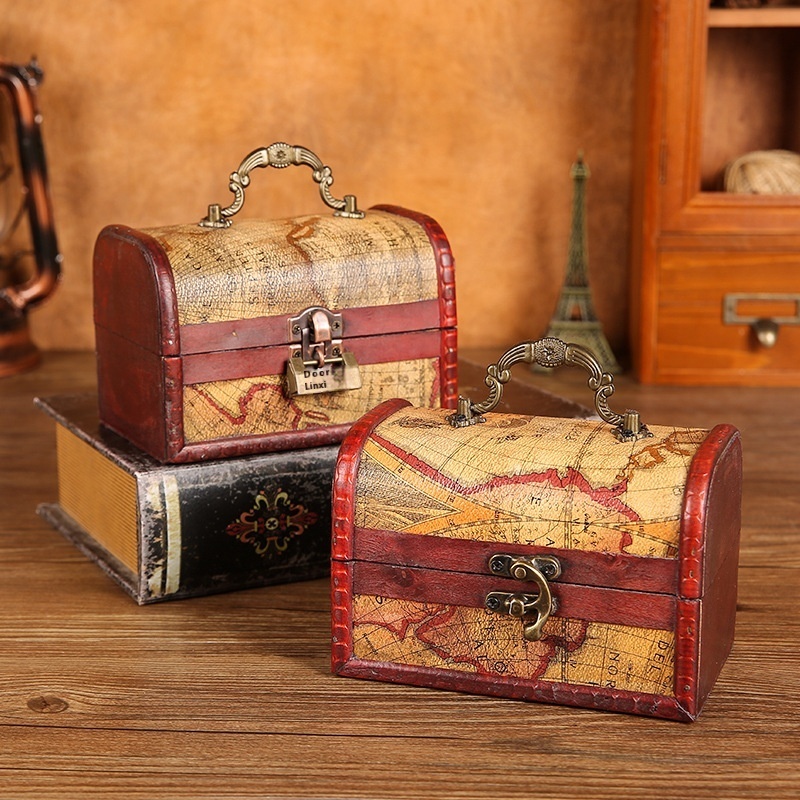 Vintage Wooden Box With Handle Leather Storage Box Jewelry Crystal Storage Password Box Film And Television Props
