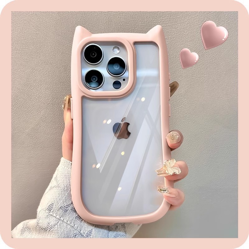 For Apple 16promax Mobile Phone Case Creative Cartoon Cat Ear Iphone15 Transparent Acrylic Protective Case