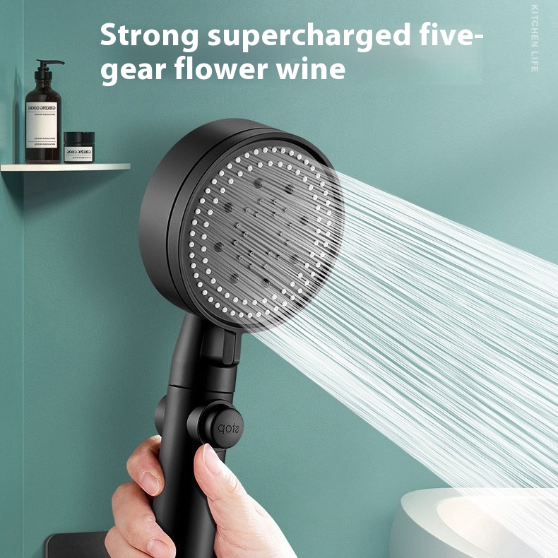 Black Five-speed Shower Head Booster Nozzle Household Rain Water Heater Bath Heater Bath Set One-click Water Stop