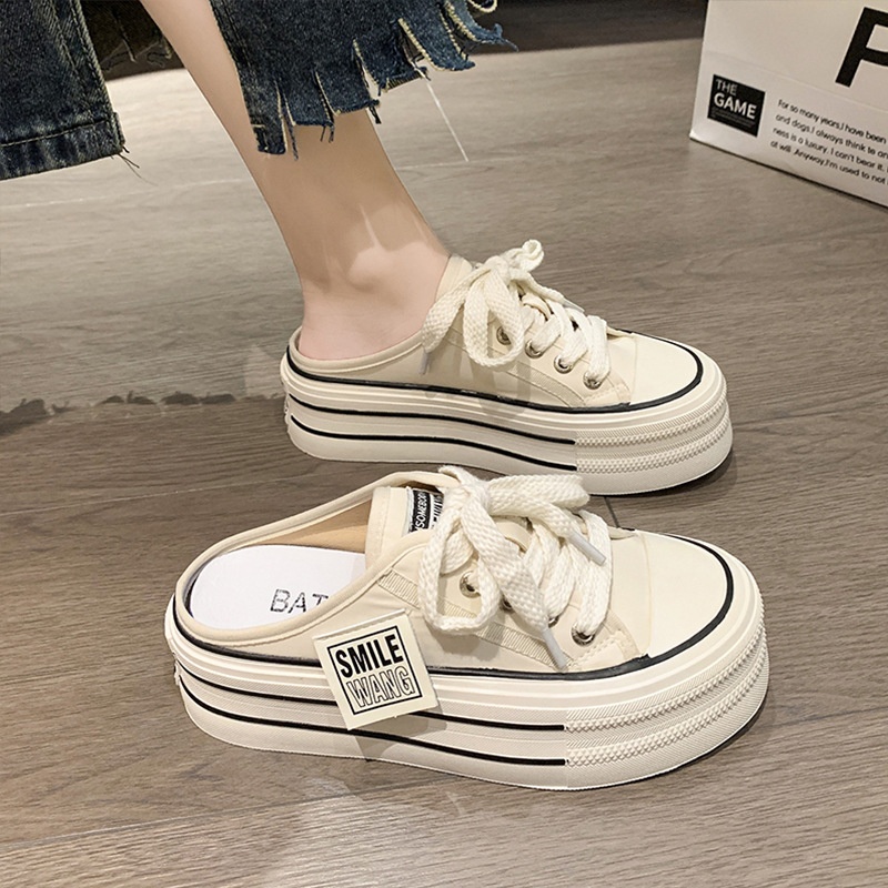 Casual Canvas Half-Slippers For Women's Summer Outer Wear Internet Celebrity High-Bottom Thick Soles Without Heels For Lazy People