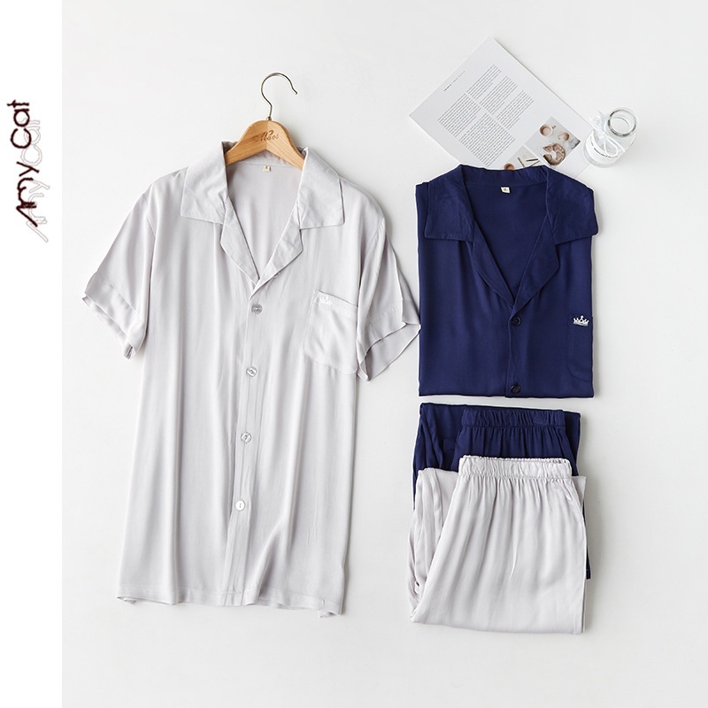 Miximao Spring And Summer Pajamas Men's Solid Color Crown Embroidery Satin Short Sleeves Long Pants Lapel Home Clothes T