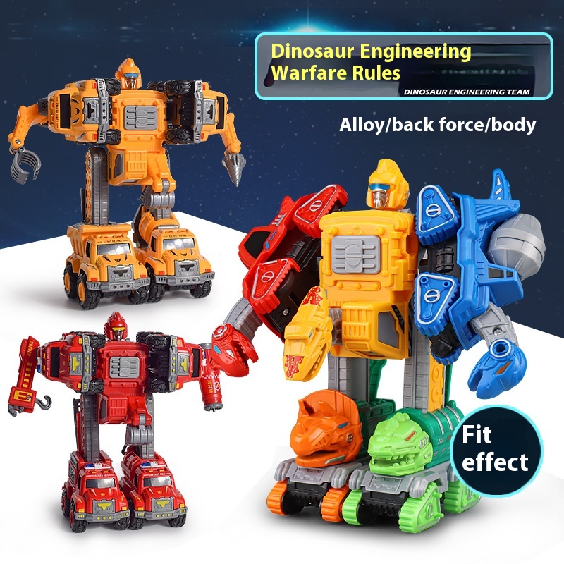 Dinosaur Assembly Deformation Five-in-one Children's Fire Engineering Vehicle Excavator Bulldozer Boy Educational Toy