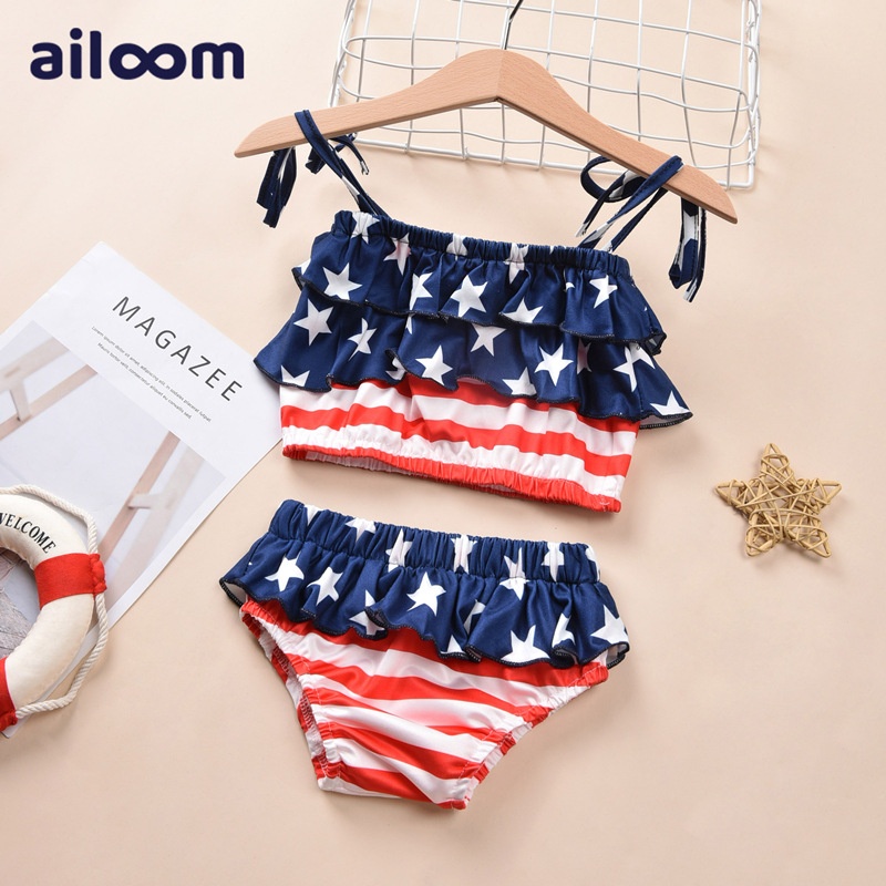 American Flag Girl Toddler Split Swimsuit Three-Piece