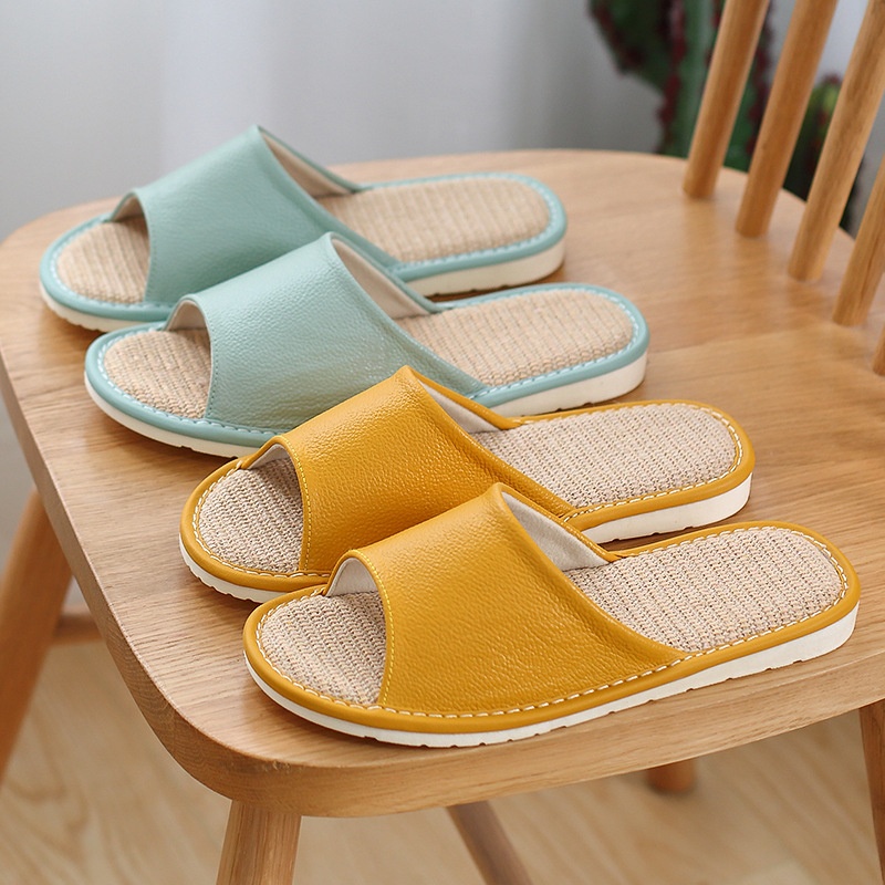Cowhide Sandals Leather Women Summer Home Linen Indoor Genuine Leather Non-slip Men's Leather Slippers Home Household