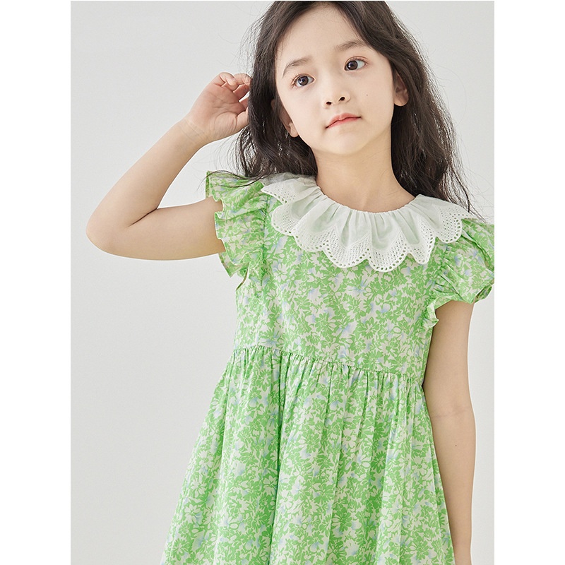 Summer Arrival Girls Pure Cotton Sweet Fairy Dress Lace Collar Green Floral Princess Dress