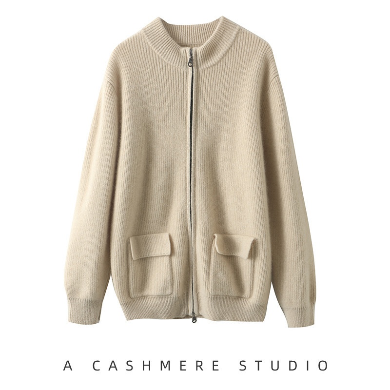 Pure Cashmere Autumn And Winter Men's Mock High Collar Zipper Cardigan Knit Short Jacket In Stock