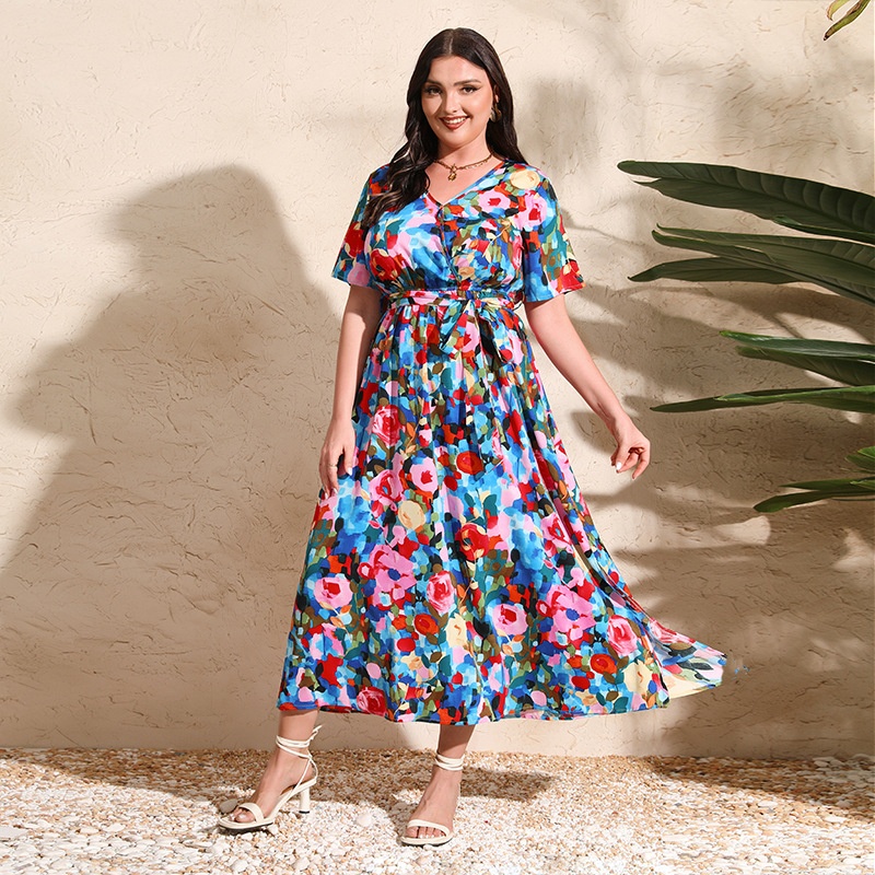 Colorful Rose Holiday Dress Large Size V-neck Short-sleeved Chiffon Dress200 Pounds Can Be Worn