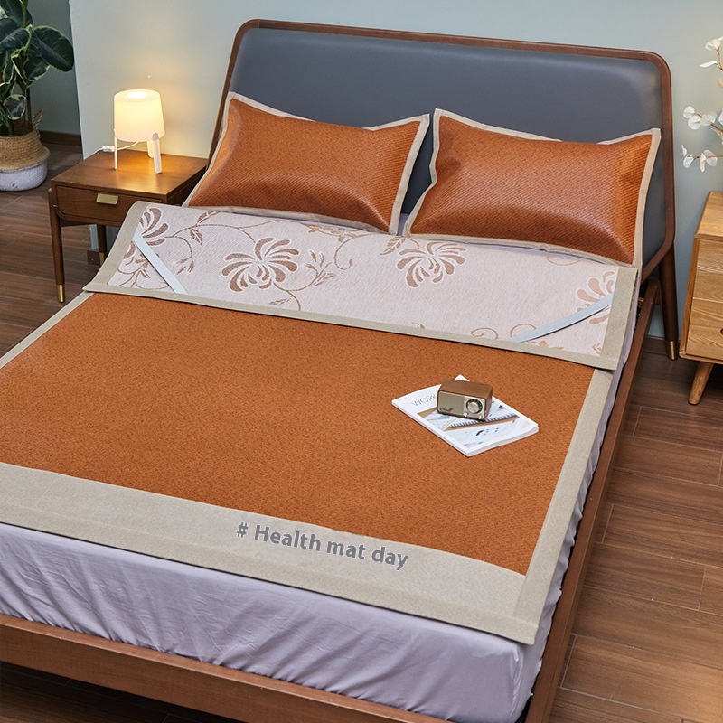 Embroidered Ancient Rattan Mat For Home Use1.5m1.8m Foldable Three-piece Ice Silk Double-sided Mat