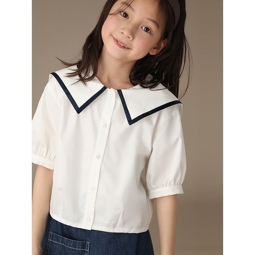 Children's Clothing Summer Girls Navy Collar White Pure Cotton Short-sleeved Button-down Shirt College Style Shirt Temperament