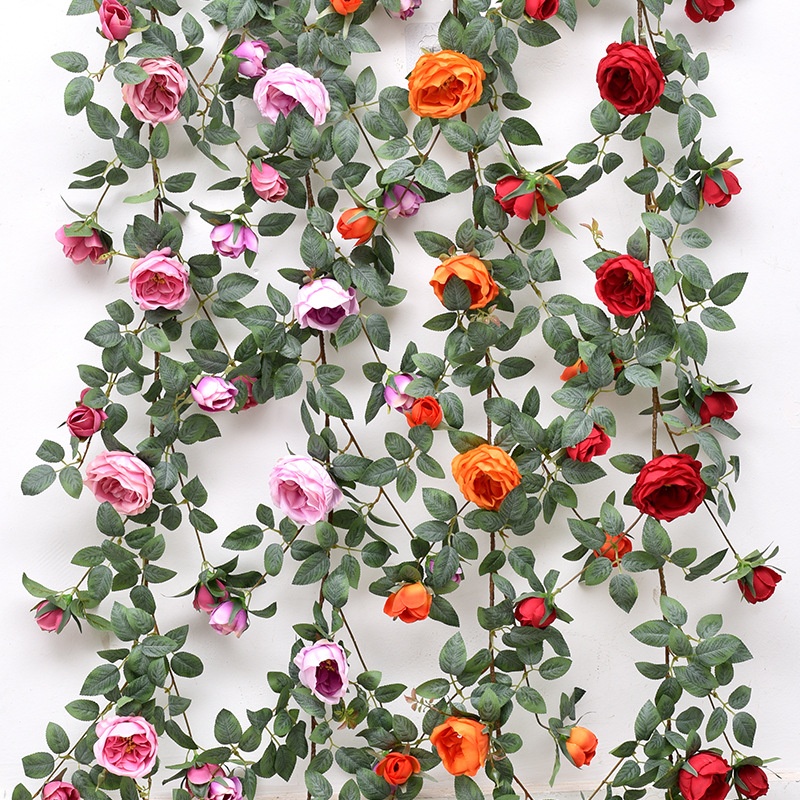 Simulation Rose Wall Hanging Fake Flower Rose Vine Outdoor Green Plant Plastic Wall Hanging Flower Decoration Balcony Plant