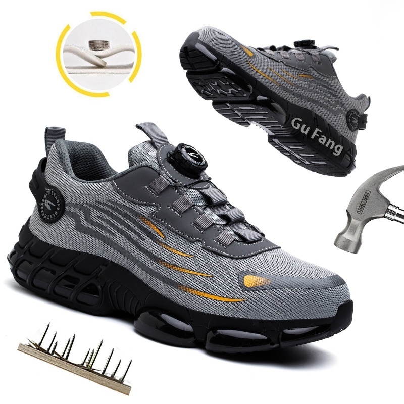 European And American Labor Protection Shoes Flying Woven Breathable Safety Shoes Rotating Button Lazy Labor Protection Shoes