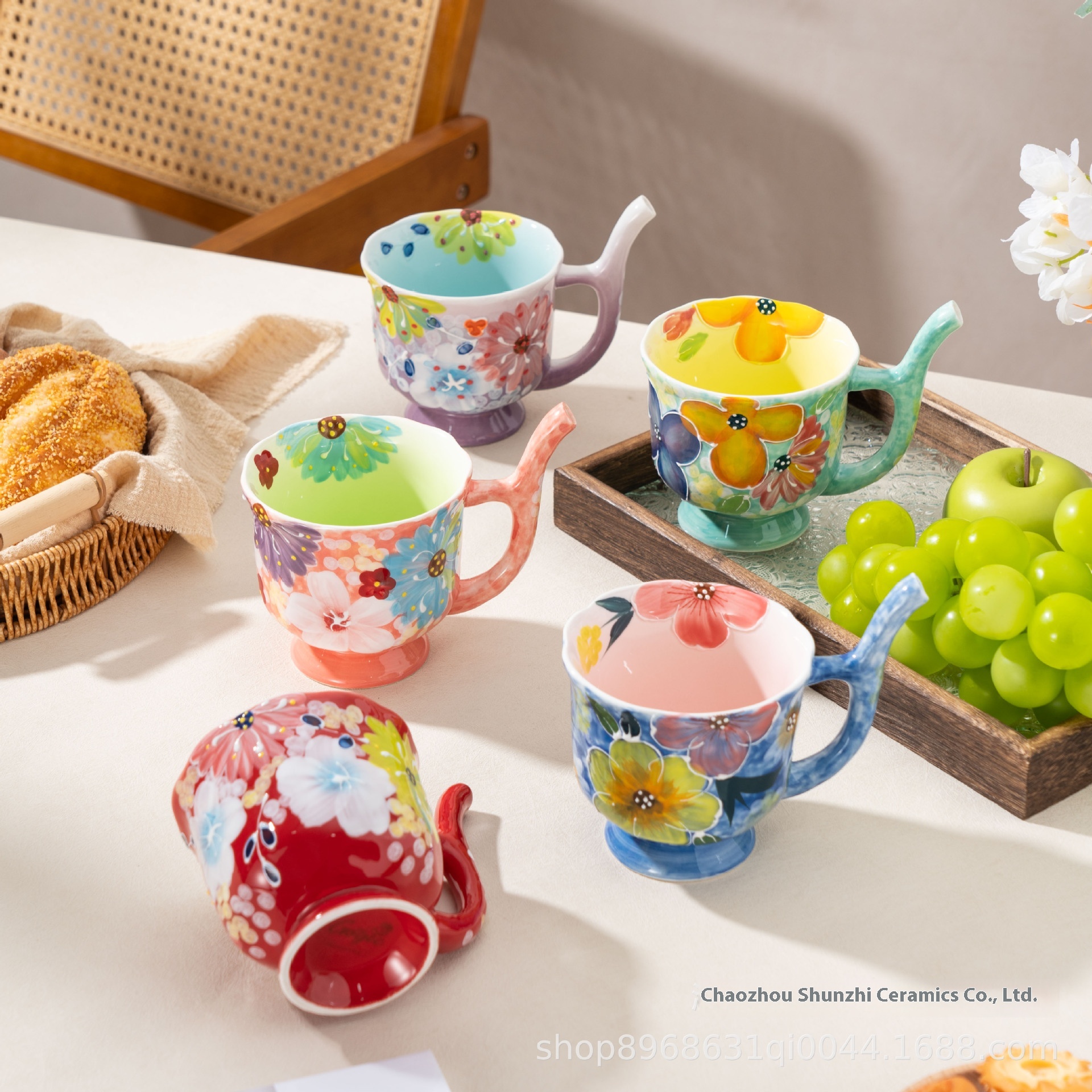 Internet Celebrant Hand-painted Ceramic Cup Flower Mug Underglaze Color Accompanying Gift Coffee Cup Household Goblet Suction Tube Cup