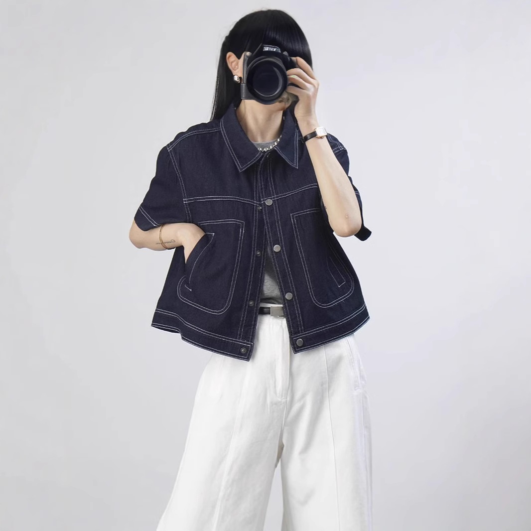 Spring/Summer Denim Short Jacket Thin Style For Petite Women Short Sleeve Shirt With Unique Design And Fashionable Outerwear