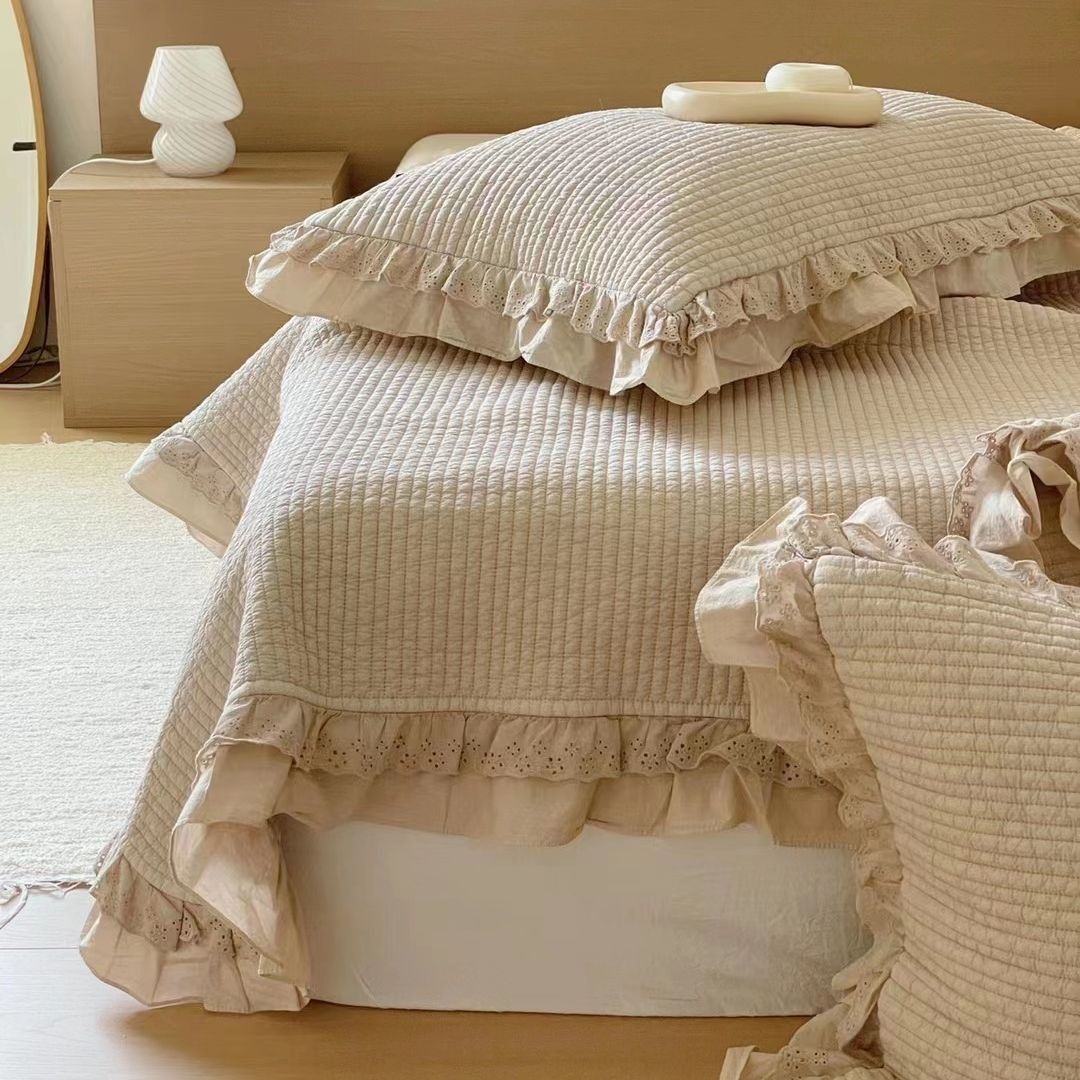 Korean Sand-washed Lace Bed Cover Three-piece Set100% Cotton80 Count Blogger Cream Bedroom Soft Decoration Quilting