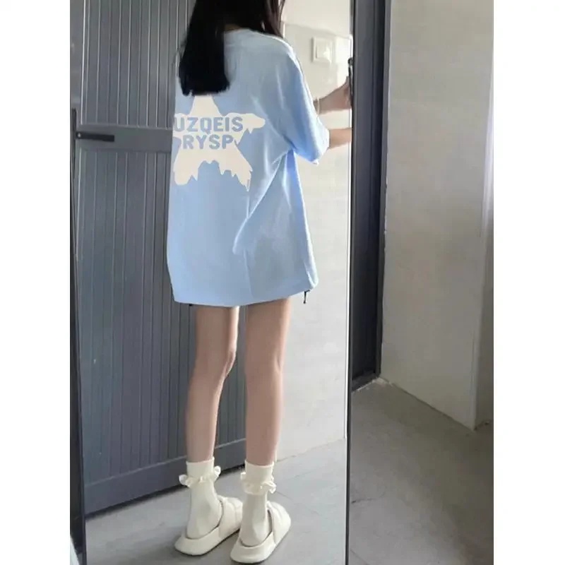 Blue Heavy Cotton Short Sleeve T-shirts Y Brand Half Sleeve Women's Summer Style Style Fit Top Couple Outfit