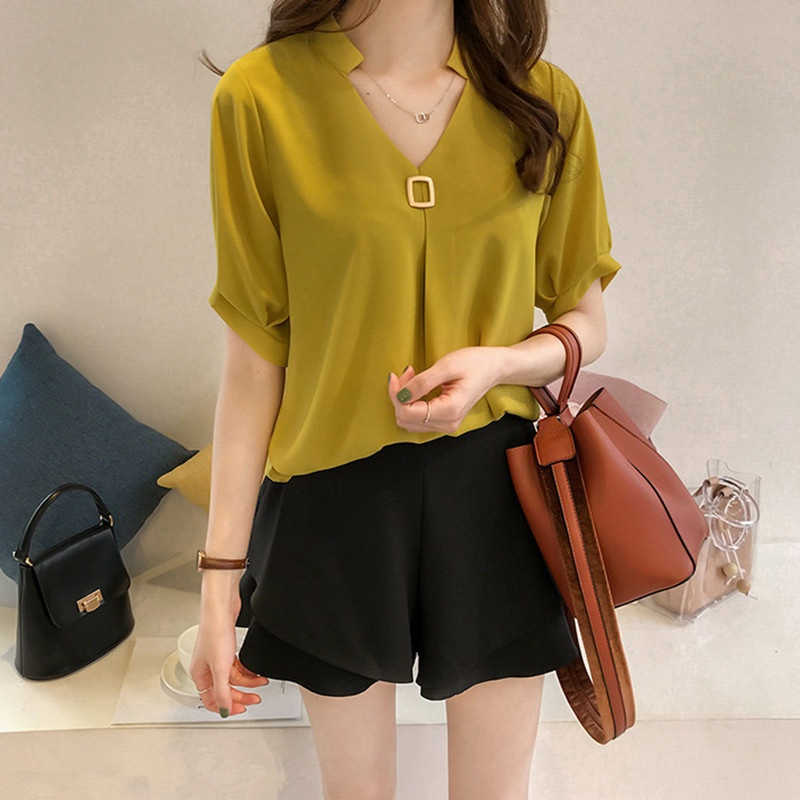 Large Size V-neck Slim Chiffon Shirt For Women Summer Style Temperament Light Mature Style Commuting Loose Versatile Tops