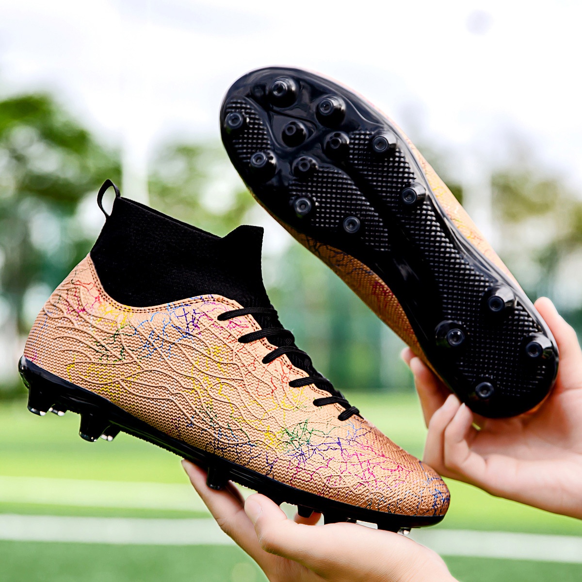 Autumn Style Football Shoes High Top Long Spikes Gold Camouflage Professional Shoes Broken Spikes Non-slip Adult Football Shoes