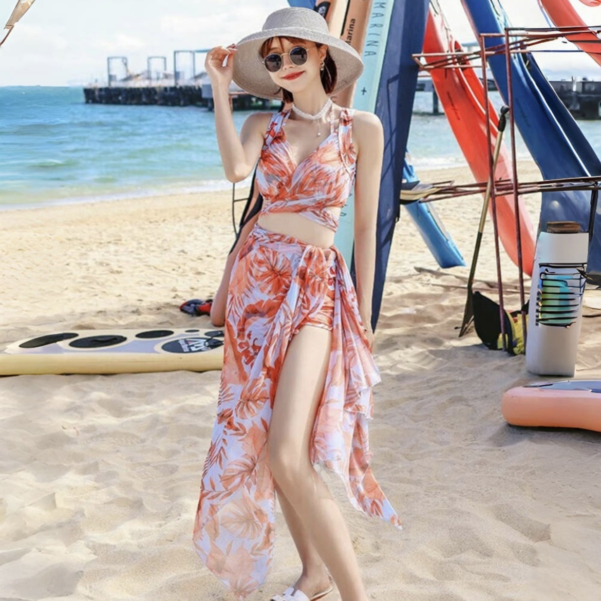 Swimsuit Women's Bikini Three-piece Hot Spring Flat Angle Fashion Slim Split Sunscreen Swimwear