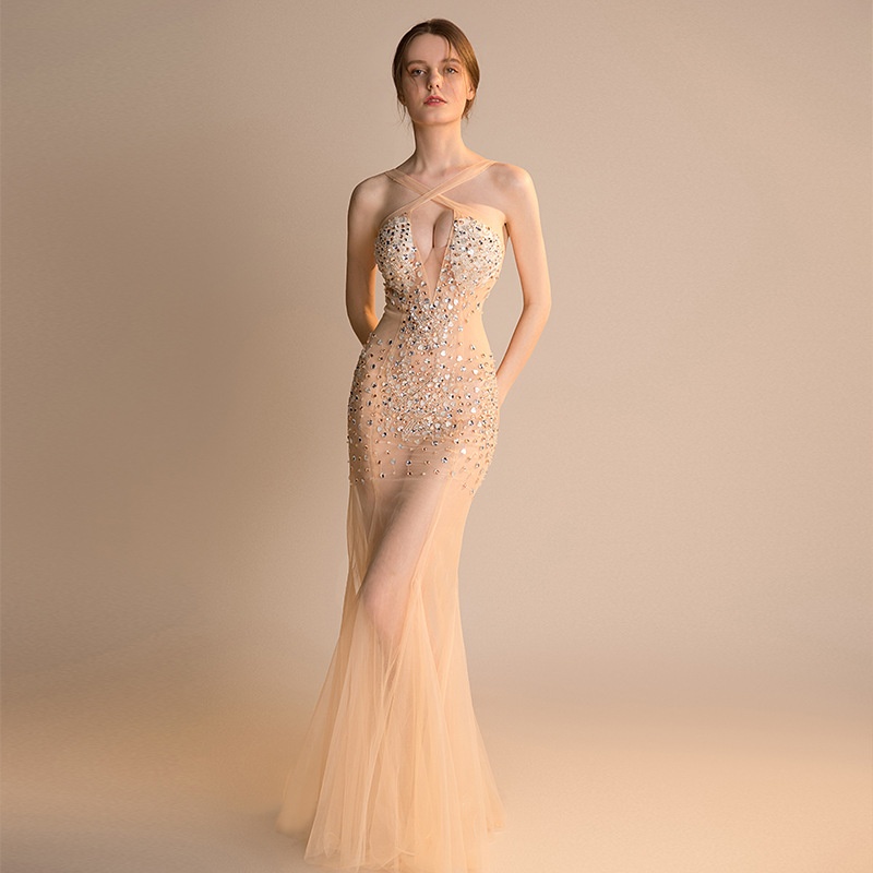 Sweetheart Neckline Design Crystal Mesh Slim Fit Long Evening Dress