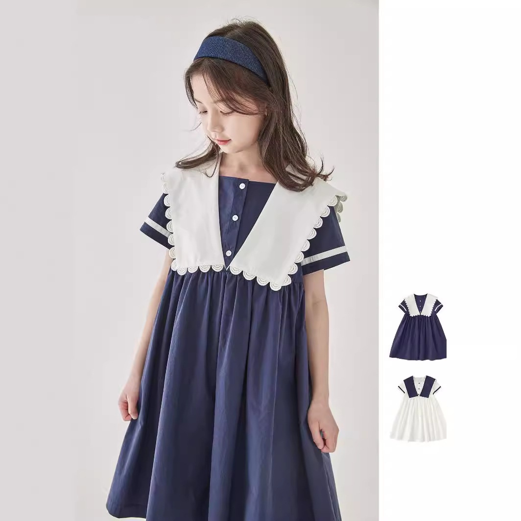 Children's Clothing Summer Girls Navy Lace Collar Dress Children's Classic Contrast Color College Style Long Skirt