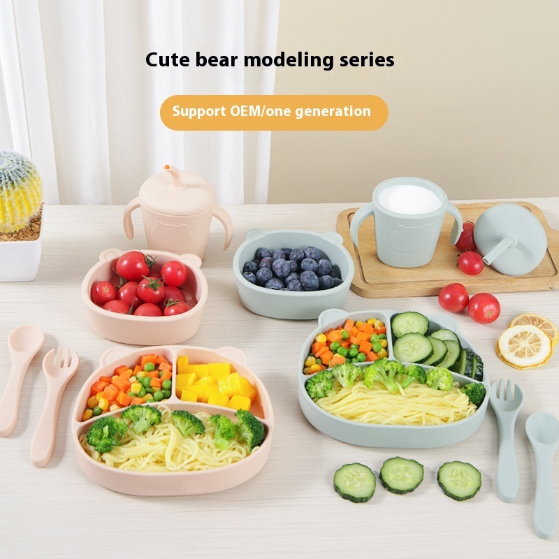 Baby Tableware Set Children's Silicone Feeding Tableware Set Anti-fall Integrated Grid Plate Toddler Eating Bowl Plate
