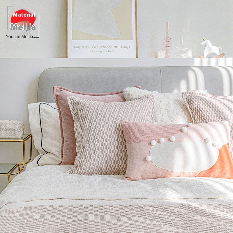 Lotus Pink Cotton And Linen Checkered Tassel Bed Flag Bed Blanket Bed End Towel Soft Furnishings Bed Head Pillow Cushion Model Room