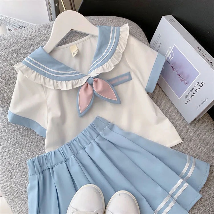 Girls College Style Skirt Summer Children JKSuit Style Girl Shirt Pleated Skirt Two-piece Suit
