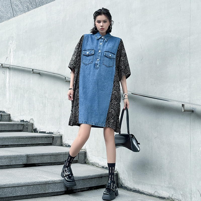 -05-29 Denim Patchwork Loose Mid-Length Dress