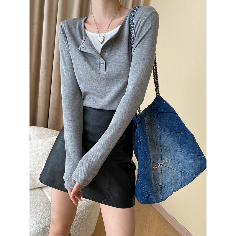 Sinan Casual Fake Two-piece Design Layered On Top Threaded Slim Small Button T-shirt Bottoming Shirt SN4118