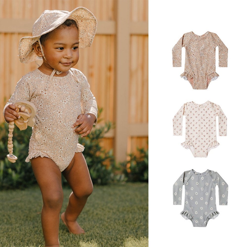 Children's Style Long-sleeved Swimsuit Boys And Girls Baby Floral Triangle One-piece Swimsuit Hot Spring Resort Swimsuit