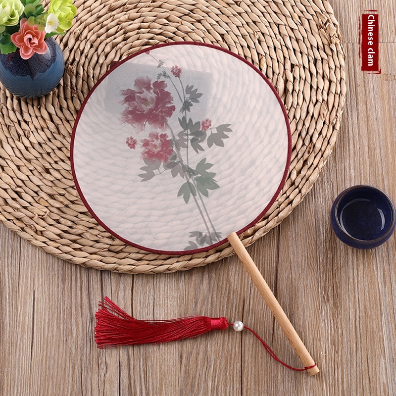 Translucent Silk Ancient Style Round Fan Round Fan Dance Fan Hanfu Photo Tassel Wooden Handle Palace Fan Round Fan
